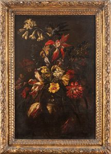 Ambito di Francesco Caldei (Mantova, 1584 circa – Venezia, 1674) : Vaso di fiori con tulipani e garofani  - Asta Dipinti e Disegni Antichi - Associazione Nazionale - Case d'Asta italiane