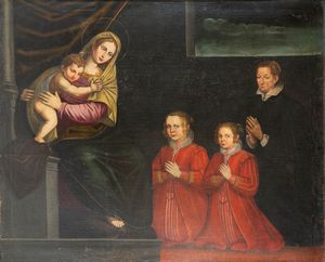 Scuola lombarda, fine secolo XVI - inizi secolo XVII - Madonna con Bambino con donatrice e le sue figlie