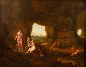 Abraham van Cuylenborch - Diana e Atteone presso una grotta con rovine classiche