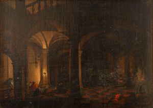 Scuola fiamminga, secolo XVII - Scena di interno a lume di candela con figure