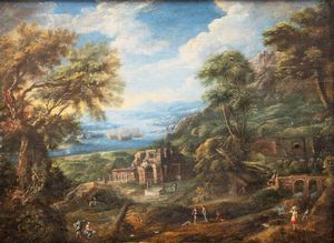 Scuola tedesca, secolo XVII : Paesaggio con casolare e fiume in lontananza  - Asta Dipinti e Disegni Antichi - Associazione Nazionale - Case d'Asta italiane