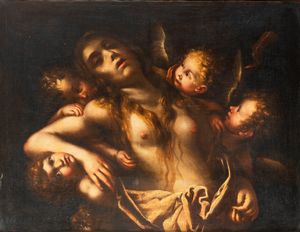 Scuola lombarda, secolo XVII - Maddalena in estasi sorretta dagli angeli