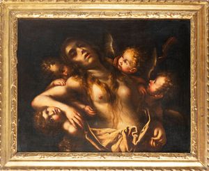 Scuola lombarda, secolo XVII : Maddalena in estasi sorretta dagli angeli  - Asta Dipinti e Disegni Antichi - Associazione Nazionale - Case d'Asta italiane