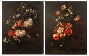 Andrea Belvedere - Rose, ortensie e narcisi in un vaso di vetro; e Rose, peonie e altri fiori in un vaso di vetro