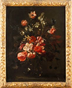 Andrea Belvedere : Rose, ortensie e narcisi in un vaso di vetro; e Rose, peonie e altri fiori in un vaso di vetro  - Asta Dipinti e Disegni Antichi - Associazione Nazionale - Case d'Asta italiane