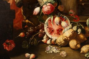 Andrea Belvedere, : Due trionfi di fiori e frutta con putti e architetture classiche en plein air  - Asta Dipinti e Disegni Antichi - Associazione Nazionale - Case d'Asta italiane