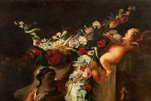 Andrea Belvedere, : Due trionfi di fiori e frutta con putti e architetture classiche en plein air  - Asta Dipinti e Disegni Antichi - Associazione Nazionale - Case d'Asta italiane