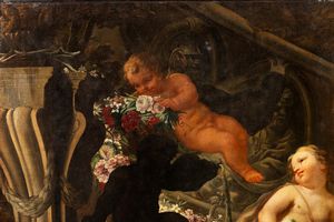 Andrea Belvedere, : Due trionfi di fiori e frutta con putti e architetture classiche en plein air  - Asta Dipinti e Disegni Antichi - Associazione Nazionale - Case d'Asta italiane