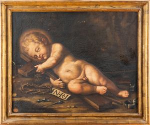 Scuola emiliana, secolo XVII : Ges Bambino dormiente con i simboli della Passione  - Asta Dipinti e Disegni Antichi - Associazione Nazionale - Case d'Asta italiane