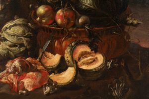 Felice Boselli : Frattaglie, verdure e frutti con civetta  - Asta Dipinti e Disegni Antichi - Associazione Nazionale - Case d'Asta italiane