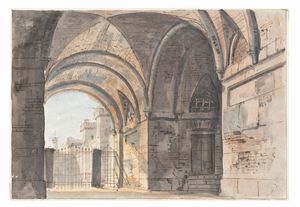 Attribuito a Alessandro Sanquirico (Milano 1777 -1849) : Studio per scenografia con portico  - Asta Dipinti e Disegni Antichi - Associazione Nazionale - Case d'Asta italiane