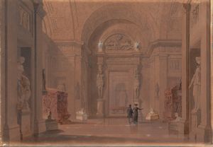 Jules-Frédéric Bouchet : Sala del Museo Pio Clementino con il sarcofago di Costanza  - Asta Dipinti e Disegni Antichi - Associazione Nazionale - Case d'Asta italiane