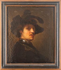 Da Rembrandt : Ritratto di uomo con cappello piumato  - Asta Dipinti e Disegni Antichi - Associazione Nazionale - Case d'Asta italiane