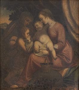 Scuola genovese, secolo XVI : Madonna con Bambino, San Giovannino e Sant'Anna  - Asta Dipinti e Disegni Antichi - Associazione Nazionale - Case d'Asta italiane