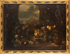 Scuola fiamminga, secolo XVII : Trionfo di fiori e frutta in un portico con giardino in lontananza  - Asta Dipinti e Disegni Antichi - Associazione Nazionale - Case d'Asta italiane