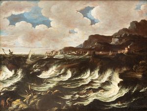 Cerchia di Pieter Mulier, detto il Tempesta (Haarlem 1637 – Milano 1701) : Burrasca con velieri e astanti sulla costa  - Asta Dipinti e Disegni Antichi - Associazione Nazionale - Case d'Asta italiane