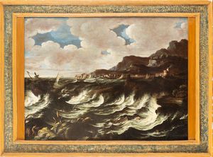 Cerchia di Pieter Mulier, detto il Tempesta (Haarlem 1637 – Milano 1701) : Burrasca con velieri e astanti sulla costa  - Asta Dipinti e Disegni Antichi - Associazione Nazionale - Case d'Asta italiane