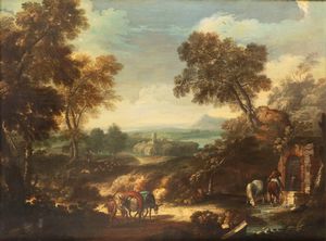 Attribuito a Frederik de Moucheron (Emden 1633 – Amsterdam 1686) - Paesaggio boschivo con viandanti