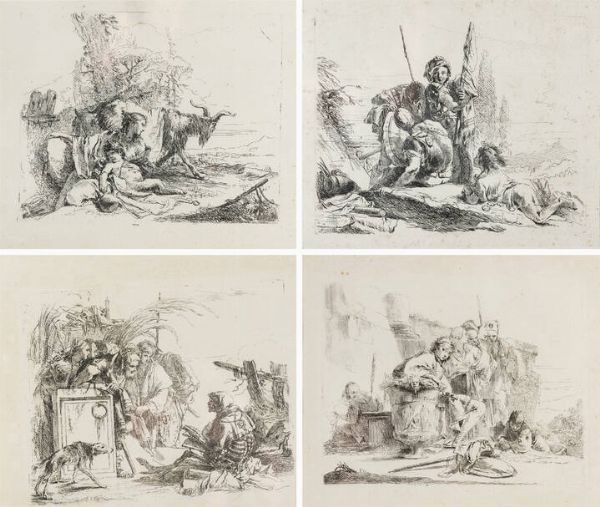 GIANDOMENICO TIEPOLO Venezia 1727 - 1804 : Lotto di quattro incisioni Capricci  - Asta Dipinti  - Associazione Nazionale - Case d'Asta italiane