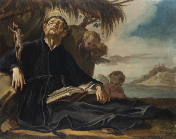 PITTORE ANONIMO : Santo in meditazione con angeli XVIII secolo  - Asta Dipinti  - Associazione Nazionale - Case d'Asta italiane