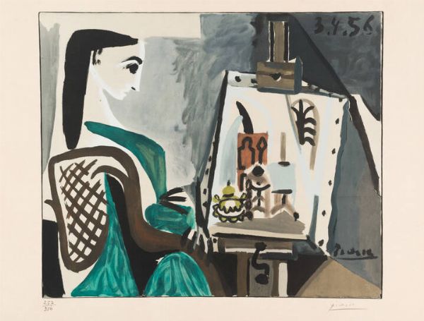 PABLO PICASSO Malaga (Spagna) 1881 - 1973 Mougins (Francia) : Femme dans l'atelier 3.4.1956  - Asta Dipinti  - Associazione Nazionale - Case d'Asta italiane