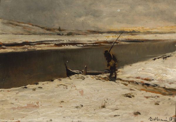 LORENZO DELLEANI Pollone (BI) 1840 - 1908 Torino : Scena di pesca 1896  - Asta Dipinti  - Associazione Nazionale - Case d'Asta italiane