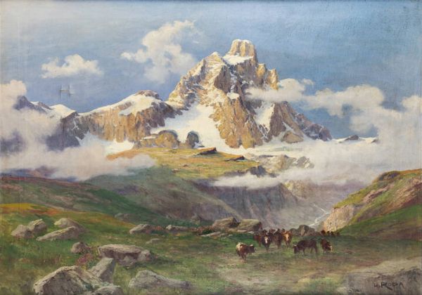 LEONARDO RODA Racconigi (CN) 1868 - 1933 : Monte Cervino visto dal Breuil  - Asta Dipinti  - Associazione Nazionale - Case d'Asta italiane