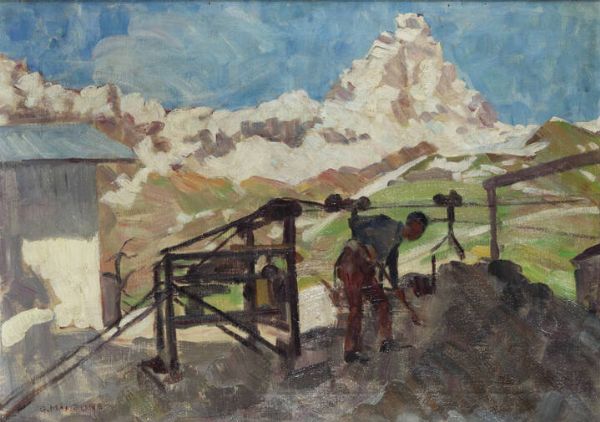 GIUSEPPE MANZONE Asti (AT) 1887 - 1983 : Lavoro a Cervinia 1958  - Asta Dipinti  - Associazione Nazionale - Case d'Asta italiane