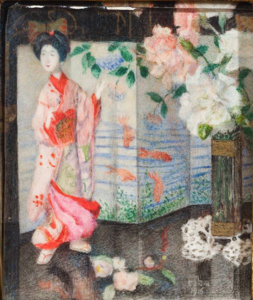 GIUSEPPINA CLAVA Torino 1879 - ? : Geisha con paravento 1916  - Asta Dipinti  - Associazione Nazionale - Case d'Asta italiane