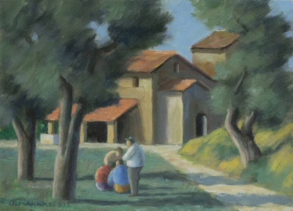 NINO TIRINNANZI Greve in Chianti (FI) 1923 - 2002 : Paesaggio con figure 1972  - Asta Dipinti  - Associazione Nazionale - Case d'Asta italiane