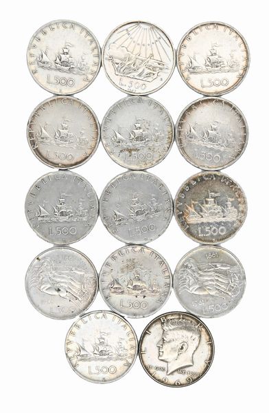 Lotto di 14 monete d'argento: 13 monete da 500 Lire Repubblica Italiana; Mezzo dollaro Kennedy 1969 USA.  - Asta Numismatica - Associazione Nazionale - Case d'Asta italiane