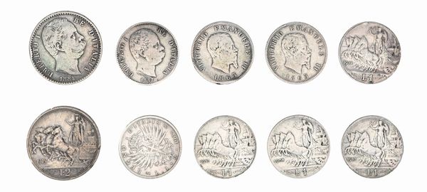 Lotto 10 monete Regno d'Italia: 1 Lira 1863 Torino; 1 Lira 1863 Milano Vittorio Emanuele II; 2 Lire Roma 1884; 1 Lira Milano 1887 Umberto I; 2 Lire 1916; 1 Lira 1907; 1 Lira 1908, 1 Lira 1912; 1 Lira 1913 (2 esemplari) Vittorio Emanuele III  - Asta Numismatica - Associazione Nazionale - Case d'Asta italiane