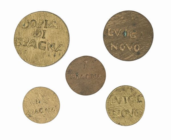 Lotto di 5 Pesi monetali uniface in bronzo ed ottone del XIX secolo  - Asta Numismatica - Associazione Nazionale - Case d'Asta italiane