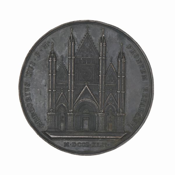 Giuseppe  Girometti : Stato Pontificio - Gregorio XVI - Medaglia Straordinaria in bronzo per ricordare le opere di restauro al Duomo di Orvieto, datata 1842 e firmata G.Girometti.F. D/ GREGORIVS XVI•P•M•FRONTEM REPARAVIT Prospetto della facciata del Duomo di Orvieto sotto G•GIROMETTI•F• in esergo M•DCCC•XLII• R/ Entro ghirlanda di alloro ALOISIO LAMBRVSCHINIO VIR•EMIN•PATRONO PAVLO DVRIO ANTIST•PRAEF•VRBEVET•  - Asta Numismatica - Associazione Nazionale - Case d'Asta italiane