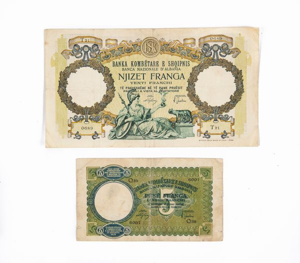 Lotto Cartamoneta Regno d'Italia Albania: 20 Franchi 1939 Banca Nazionale d'Albania Serie T21 0689; 5 Franchi 1939 Banca Nazionale d'Albania Serie Q39 6007  - Asta Numismatica - Associazione Nazionale - Case d'Asta italiane