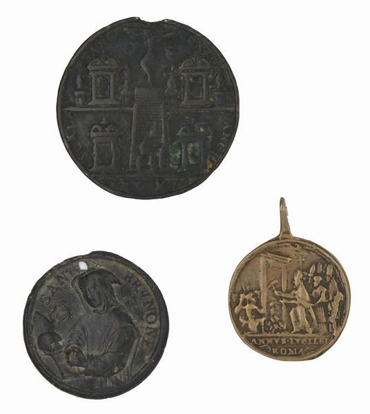 Stato Pontificio - 2 medaglie devozionali in bronzo emesse per l'Anno Santo e 1 medaglia devozionale in bronzo con San Brunone e San Lorenzo del XVII/XVIII secolo  - Asta Numismatica - Associazione Nazionale - Case d'Asta italiane