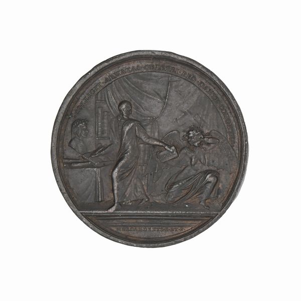 TOMMASO Mercandetti : Medaglia in bronzo commemorativa di Jacopo Mazzoni (1548-1598); datata 1809 e firmata Mercandetti - D/ Busto con bavero e pelliccia IACOBVS MAZZONI sotto MERCANDETTI F. ROMAE MDCCCIX R/ Scena allegorica col Mazzoni in piedi, presso uno scrittoio col busto di Dante, mentre scrive e riceve da medusa alata una tavoletta COLLIGIT•ARMATAS•CELEBRI•PRO•DANTE•COHORTES  - Asta Numismatica - Associazione Nazionale - Case d'Asta italiane