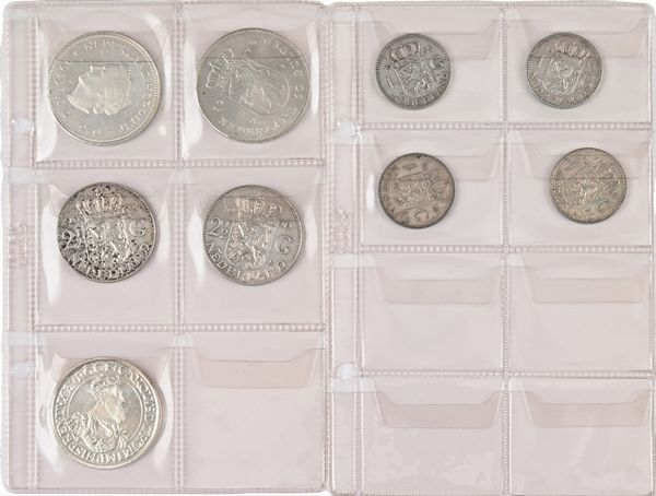 Lotto di monete: 5 Ecu 1987 Belgio; 10 Gulden 1970 e 1973, 2,5 Gulden 1960 e 1962, Gulden 1955 (2 pz.), 1956, 1958  - Asta Numismatica - Associazione Nazionale - Case d'Asta italiane