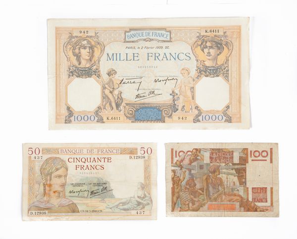 Lotto Cartamoneta Francia: 1.000 Franchi Cerere e Mercurio 02/02/1939 De Bletterie, Rousseau, R.Favre-Gilly Serie K.6411 942; 50 Franchi Cerere e Mercurio 14/03/1940 Serie D.12938 437; 100 Franchi Giovane contadino 05/02/1953 Serie Y.536 65428  - Asta Numismatica - Associazione Nazionale - Case d'Asta italiane