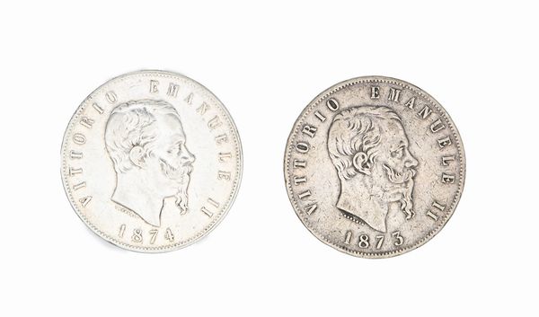 2 Monete da 5 lire 1873 M e 1874 M Vittorio Emanuele II Regno d'Italia  - Asta Numismatica - Associazione Nazionale - Case d'Asta italiane