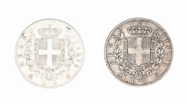 2 Monete da 5 lire 1873 M e 1874 M Vittorio Emanuele II Regno d'Italia  - Asta Numismatica - Associazione Nazionale - Case d'Asta italiane