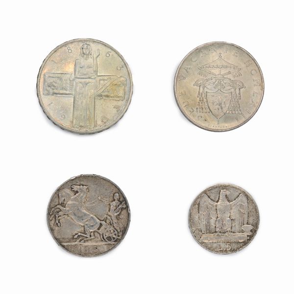 Lotto di quattro monete in argento: 10 Lire 1927 (2 rosette); 5 Lire 1930 Vittorio Emanuele III Regno d'Italia; 500 Lire Sede Vacante 1963 Città del Vaticano; 5 Franchi Centenario della Croce Rossa 1863-1963 Svizzera  - Asta Numismatica - Associazione Nazionale - Case d'Asta italiane