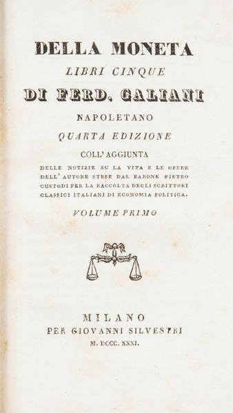 Ferdinando Galiani, Della moneta. Libri cinque. Quarta edizione  - Asta Numismatica - Associazione Nazionale - Case d'Asta italiane