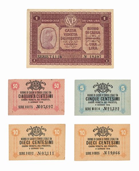 Lotto composto da cinque pezzi di cartamoneta: 5, 10 (2 pz), 50 centesimi e 1 Lira 2 gennaio 1918 Cassa Prestiti Veneta Occupazione Austriaca  - Asta Numismatica - Associazione Nazionale - Case d'Asta italiane