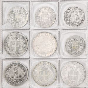 Lotto di 5 monete da 2 lire: Valore 1863 Napoli, Primo tipo 1883, Secondo tipo 1887 (2pz.), Colonia Eritrea 1890, e 4 monete da 1 lira Stemma 1863 Milano e Torino, 1886 Roma, 1887 Milano Vittorio Emanuele II e Umberto I Regno d'Italia  - Asta Numismatica - Associazione Nazionale - Case d'Asta italiane