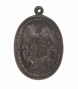 Giuseppe Cerbara : Stato Pontificio - Gregorio XVI - Medaglia Straordinaria ovale in bronzo per l'Ospizio di San Michele a Ripa Grande in Roma, datata 1831 e firmata Giuseppe Cerbara. D/ San Gregorio Magno con triregno e piviale a destra mentre scrive con dietro la colomba dello Spirito Santo S•GREGORIO•MAGNO•PONT•MAX•HUMILIS•SVCCESSOR sotto GIVSEPPE•CERBARA•DIRESSE• OSP•APLICO•1831• R/ San Romualdo seduto predica a cinque discepoli S. ROMVALDO•ABBATI•DEVOTVS•FILIVS•GREGORIVS•XVI in esergo GIVSEPPE CERBARA  - Asta Numismatica - Associazione Nazionale - Case d'Asta italiane