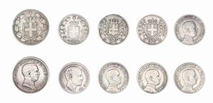 Lotto 10 monete Regno d'Italia: 1 Lira 1863 Torino; 1 Lira 1863 Milano Vittorio Emanuele II; 2 Lire Roma 1884; 1 Lira Milano 1887 Umberto I; 2 Lire 1916; 1 Lira 1907; 1 Lira 1908, 1 Lira 1912; 1 Lira 1913 (2 esemplari) Vittorio Emanuele III  - Asta Numismatica - Associazione Nazionale - Case d'Asta italiane