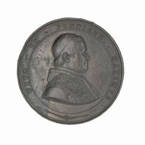 Pietro Girometti - Stato Pontificio - Pio IX - Medaglia straordinaria in bronzo del 1858 commemorativa della ricostruzione della Basilica di San Paolo a Roma D/ busto del Papa con mozzetta e stola R/ La basilica di S. Paolo distrutta dall'incendio BASILIC S PAVLI EX INCENDIO XV IVL MDCCCXXIII