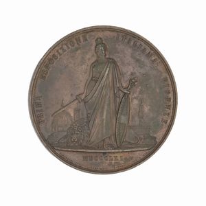 Nicola Farnesi : Regno d'Italia Vittorio Emanuele II - Medaglia in bronzo coniata in occasione della Prima Esposizione Italiana di Firenze, datata 1861. D/ Busto del Re contornato da 12 stemmi di città italiane L'ITALIA DEGL'ITALIANI R/ Italia Turrita con spada e scudo Savoia, con Cupola di Santa Maria del Fiore, torre di Giotto e Palazzo Vecchio PRIMA ESPOSIZIONE ITALIANA FIRENZE in esergo MDCCCLXI NICCOLINI INV. FARNESI INC. MATARELLI DIS. E DIR  - Asta Numismatica - Associazione Nazionale - Case d'Asta italiane