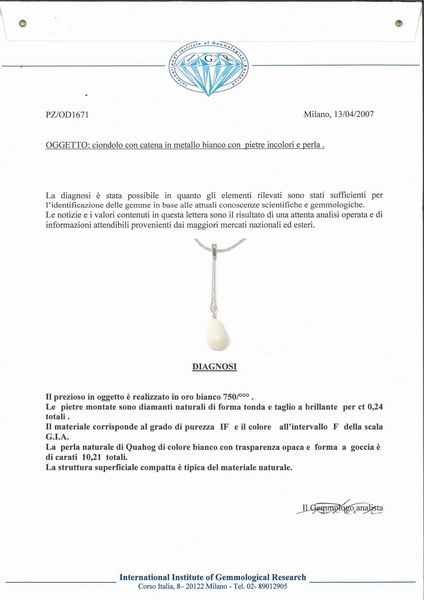 Pendente in oro, brillanti e perla Quahog  - Asta Importanti Gioielli e Orologi da polso e da tasca - Associazione Nazionale - Case d'Asta italiane